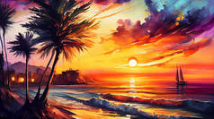 美丽的落日笼罩着大海，前景是轮廓分明的棕榈树，天空是生动而大胆的色彩，数字图解