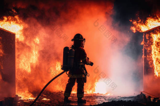 消防员使用旋翼水雾式灭火器与油火灭火，以控制火势的蔓延。消防员和工业安全概念
