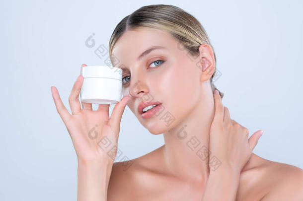 Alluring beautiful perfect cosmetic skin woman portrait hold mockup jar cream or moisturizer for ski