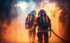 消防员使用旋翼水雾式灭火器与油火灭火，以控制火势的蔓延。消防员和工业安全概念,