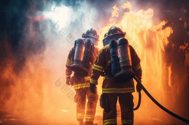 消防员使用旋翼水雾式灭火器与油火灭火，以控制火势的蔓延。消防员和工业安全概念,