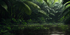野生丛林中的湖泊。大雨。黑暗的热带森林,有奇异的植物,棕榈树,大叶和蕨类.热带雨林的丛林中令人生畏.水流，潮湿的绿色植被.