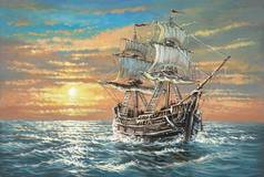 在海里的老船一艘古老的帆船在海里漂流,落日,船帆,波浪.海盗船，护卫舰。艺术品，油画，手工制品.