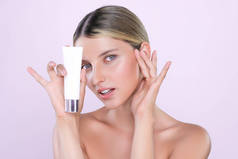 Alluring beautiful perfect cosmetic skin woman portrait hold mockup tube cream or moisturizer for sk