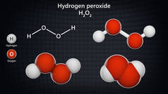 过氧化氢(H2O2)的结构、化学式和分子结构。化学结构模型：球和棒+球+空间填充。3D插图.