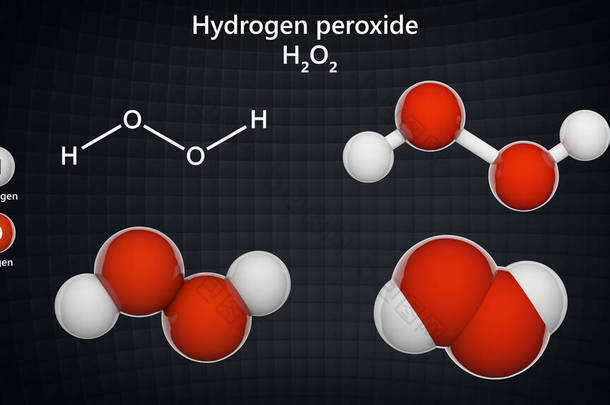 过氧化氢(H2O2)的结构、化学式和分子结构。化学结构模型：球和棒+球+空间填充。3D插图.