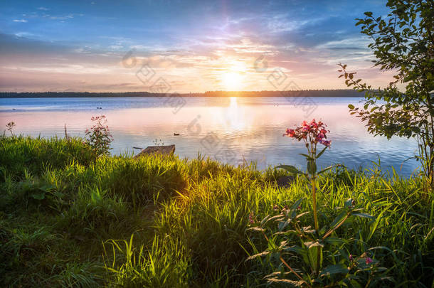 Valday。瓦尔代湖在初夏的清晨, 用美丽的金色天空和<strong>青草</strong>在<strong>露珠</strong>上
