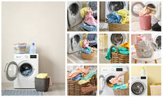 与洗衣篮和在家里洗衣服的人合照的照片