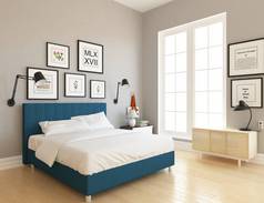 一个白色的斯堪的纳维亚卧室内部的想法与木地板和大墙上的双人床。家北欧内饰。3d 插图