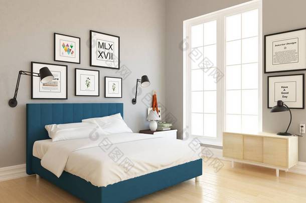 一个白色的斯堪的纳维亚卧室内部的想法与木地板和大墙上的<strong>双人床</strong>。家北欧内饰。3d 插图