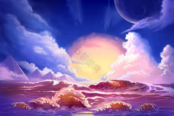来自海洋的外星星球的风景。视频游戏数字Cg艺术作品，概念插图，逼真的卡通风格