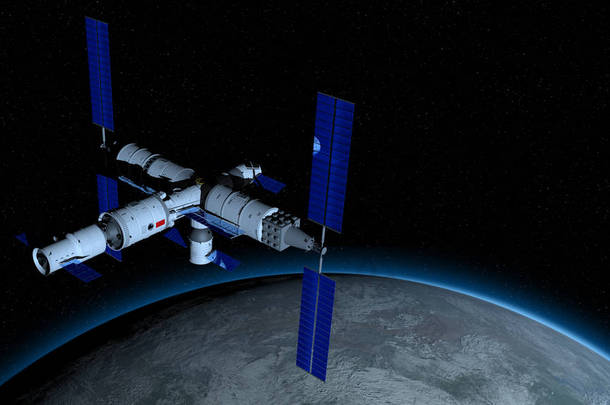 天宫3号景观——中国空间站在黑色空间以恒星背景环绕地球。3d 插图