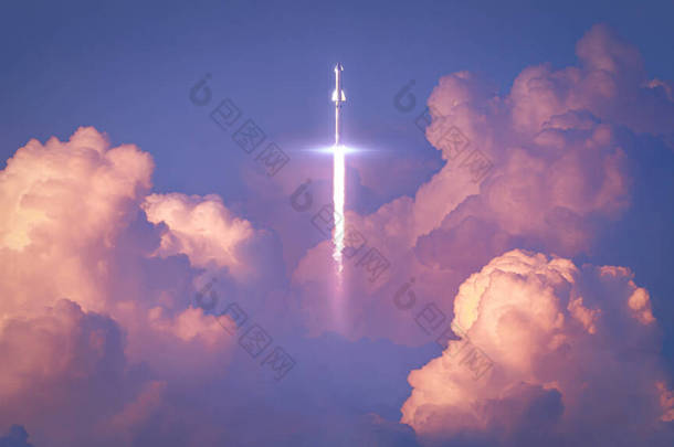 在红云上飞行的火箭宇宙飞船在美丽的落日水平概念艺术-三维渲染中到达轨道，赢得了重力