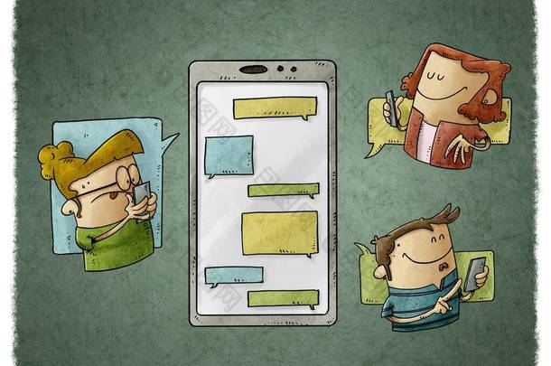 三个人围在一个大手机周围，他们互相传递信息。通信和社交媒体概念.