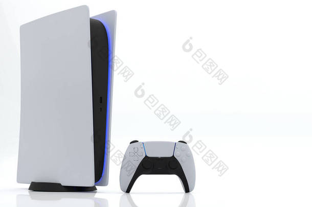 视频游戏主机和新一代的乔依根视频游戏控制器，在白色背景下的未来无线技术。3d渲染.