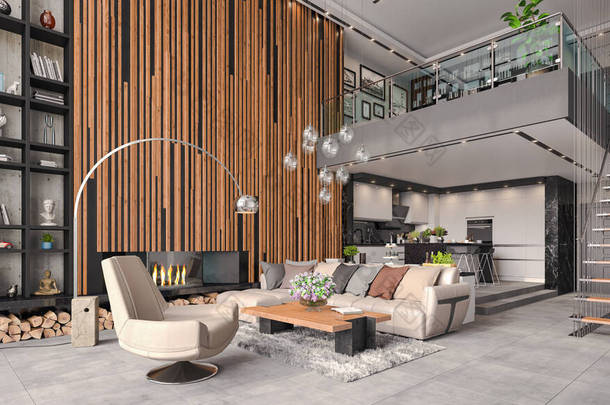3D展示一个现代化的阁楼-明亮的客厅，有一个大沙发，壁炉，厨房和画廊