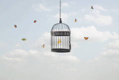 蝴蝶被困在笼中和其他自由飞翔的蝴蝶的超现实形象