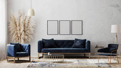 现代豪华室内设计的三幅灰色墙框上的空白招贴画，带有深蓝色沙发，靠垫桌旁的扶手椅，木制地板上的精致地毯，3D渲染