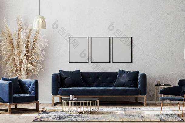 <strong>现代</strong>豪华室内设计的三幅灰色墙框上的空白招贴画，带有深蓝色沙发，靠垫桌旁的扶手椅，木制地板上的精致<strong>地毯</strong>，3D渲染