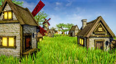 3D渲染- -一个充满自然的乡村，家园般的木制房屋，美丽的夜晚摇曳着
