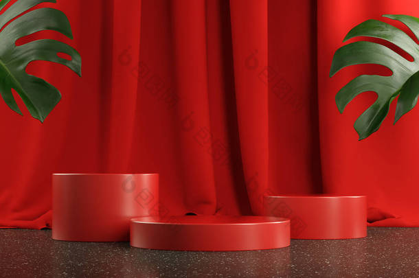 3D渲染最小模板红色展示台，遮阳篷植物摘要背景