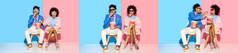 年轻的非洲裔美国男女戴墨镜, 坐在蓝色和粉红色的背景下坐着吃爆米花的拼贴画
