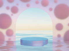 变态的概念。有浮动气泡的马泰玻璃弧墙和有产品平台的海洋。密码艺术，虚拟空间的vr.