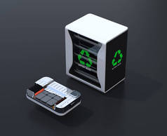 电动汽车电池组件系统的再利用 Ev 电池封装剖面图。黑色背景。电动汽车电池回收概念。3d 渲染图像.
