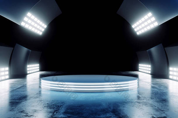 科幻现代未来派蓝色振动颜色与空圆舞台大厅发光与大白光工作室在<strong>凸起</strong>反射混凝土暗屋3d 渲染插图