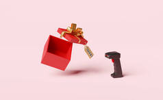 红色打开礼品盒空与条形码扫描仪，价格标签隔离粉红背景，概念3D插图或3D渲染