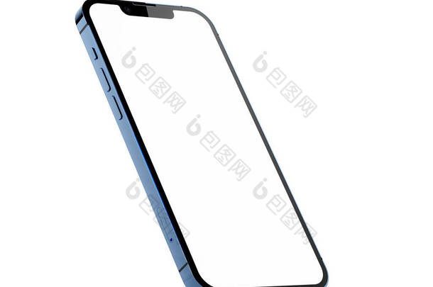 iPhone 13 Pro in Sierra Blue color 。透视视图中的空白屏幕模板，站在边缘