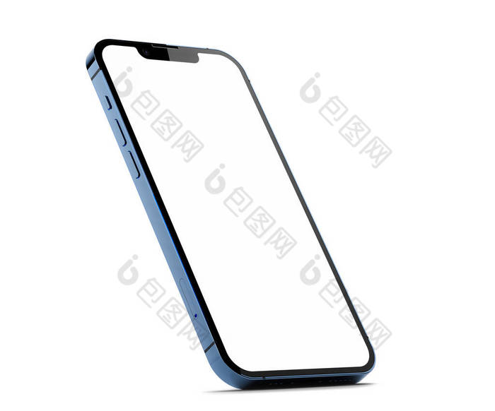 iPhone 13 Pro in Sierra Blue color 。透视视图中的空白屏幕模板，站在边缘