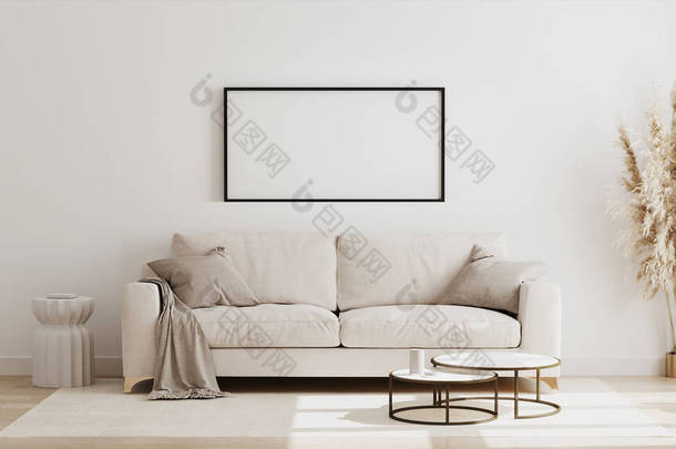 在北欧风格的客厅内部，现代客厅内部背景，米黄色沙发和潘帕斯草，3D渲染的空白水平线海报框架