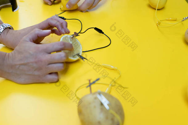 马铃薯、柠檬、短吻鳄夹、锌和铜钉对马铃薯<strong>电池</strong>STEM活性的影响.天然<strong>电池开</strong>启引线。黄色背景下儿童电学科学实验