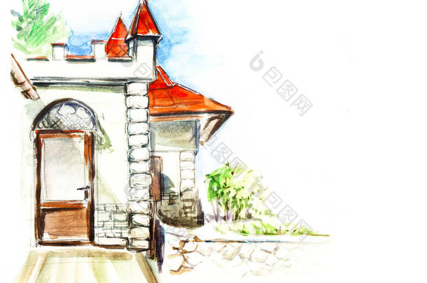 页面模板。白色欧洲房屋城堡，有三角形的红色屋顶，大门大。绿色的灌木丛，蓝天。手绘水彩素描插图.
