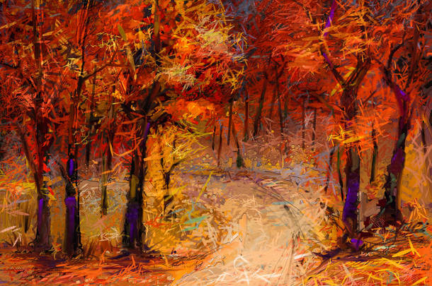 油画五彩缤纷的秋天树.半抽象的森林形象,黄红叶和湖的杨树.秋天,秋天,大自然的背景.手绘印象派，户外景观