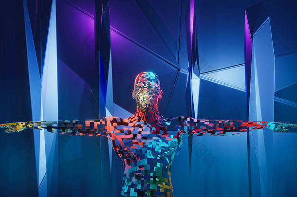 色彩斑斓的中空男人，蓝紫色背景的柱子机器人。技术、游戏、未来3D插图