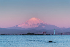 日本神奈川县贺模湾冬季富士山的海景