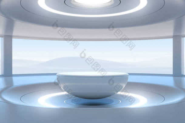 未来派产品展示背景.现代浮子座用于展示,平台用于环境的设计.3D渲染.