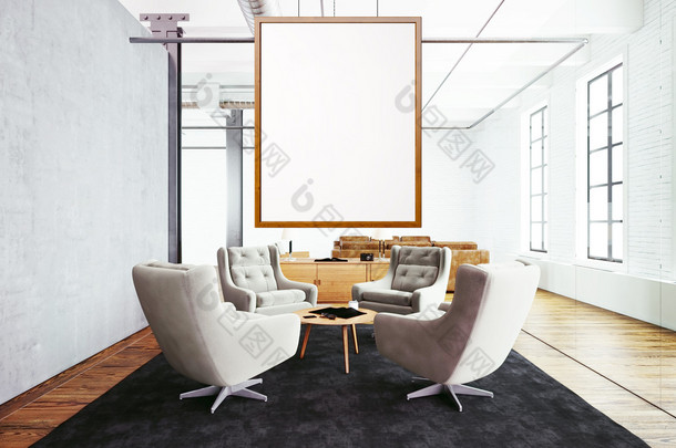 现代阁楼建筑会议室内部照片。挂在木架上的空白色画布。木地板，桌子，家具，混凝土墙，大窗户。水平，空白<strong>模型</strong>。3d 渲染