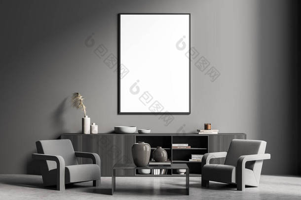 灰色候车室里的画布。仪表板、咖啡桌和两把扶手椅，在室内形成对称的平衡。水泥地面。现代室内设计的概念。3d渲染