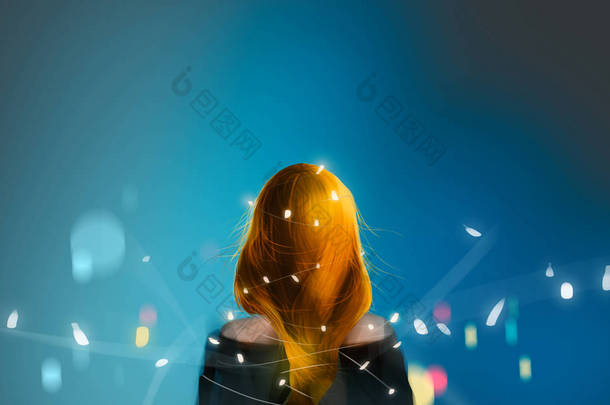 美丽的金发女孩与圣诞节仙女灯反对深蓝色午夜, 数码插画艺术绘画设计风格
