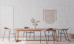 白色背景的木制椅子和桌子，金银花和藤蔓家用饰物，斯堪的纳维亚式室内设计模型