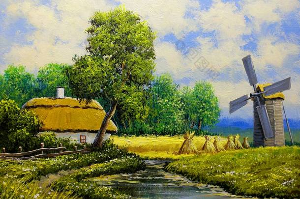油画乡村风景,乡村在乌克兰,古老的风车在田野里.美术.