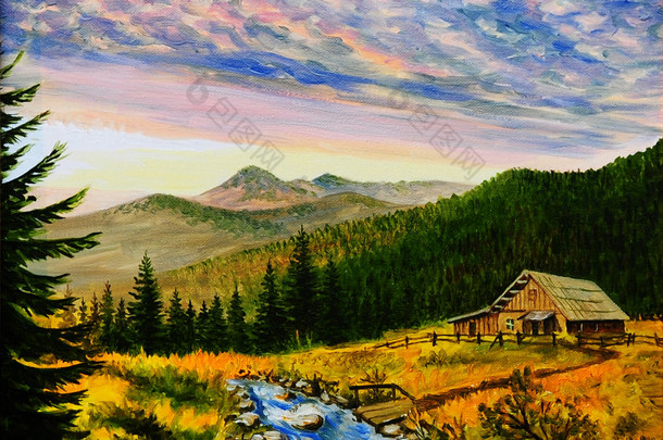 油画风景-夕阳在山，间村屋