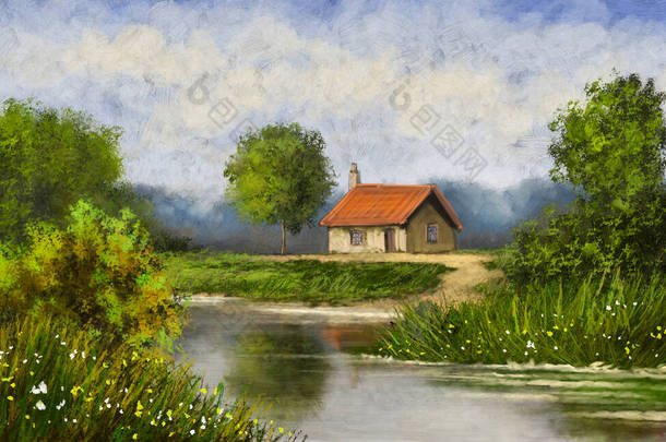 油画风景，美术，夏天在河上的房子，森林里的河流