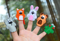 手戴 5 手指木偶;狼、 狐狸、 兔子、 熊、 青蛙