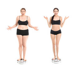 身材苗条、身材魁梧的妇女站在白种人背景的天平上. 体重减轻概念