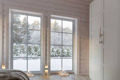 明亮的内部，房间在有大窗户的木房子里。斯堪的纳维亚风格.