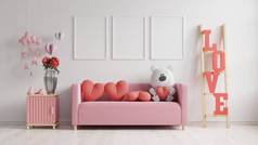 现代室内装饰有沙发和家居装饰，用于情人节，3D渲染
